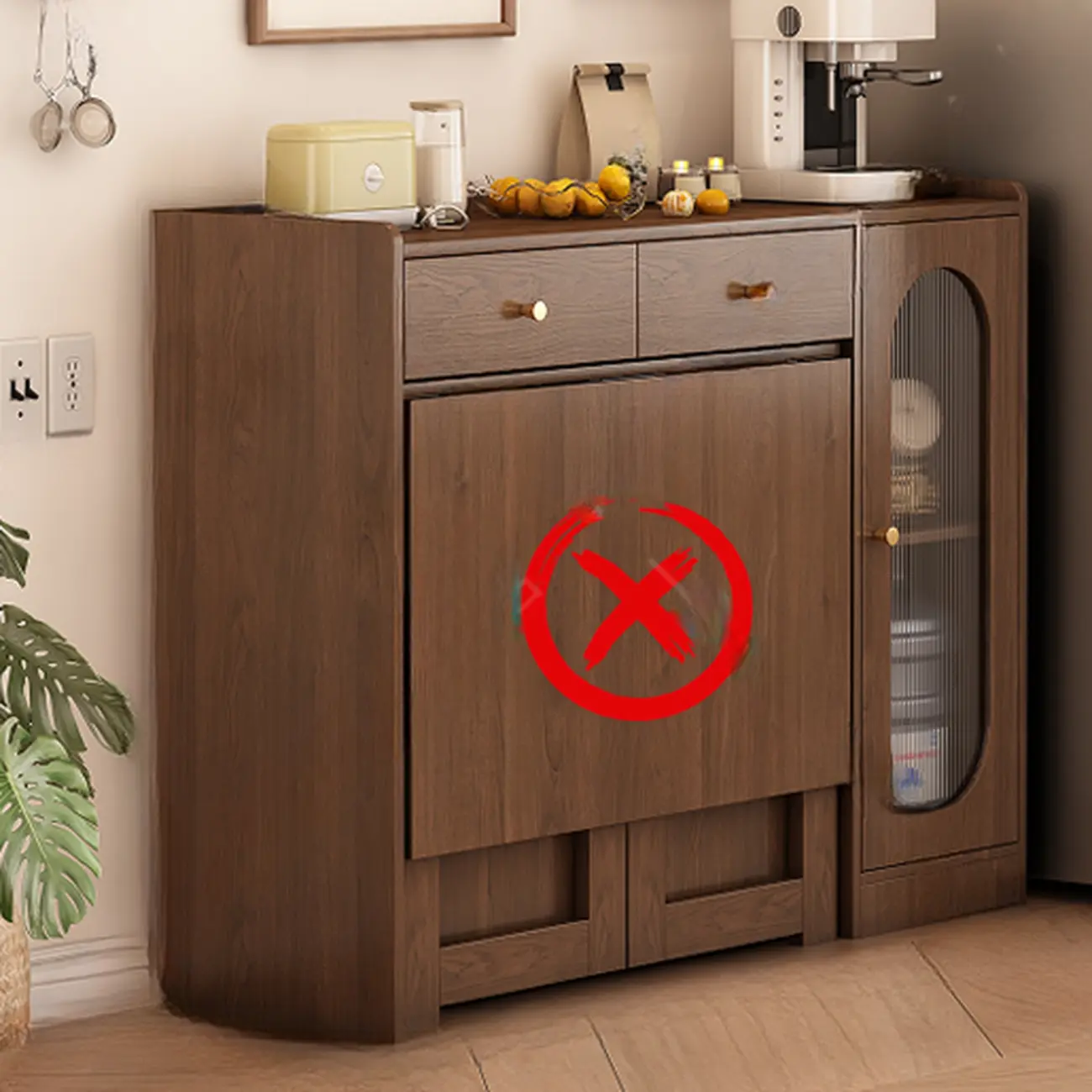 Space-Saving Brown 2-Drawer Wood Buffet Table Sliding Doors Image - 5 | homeyfad