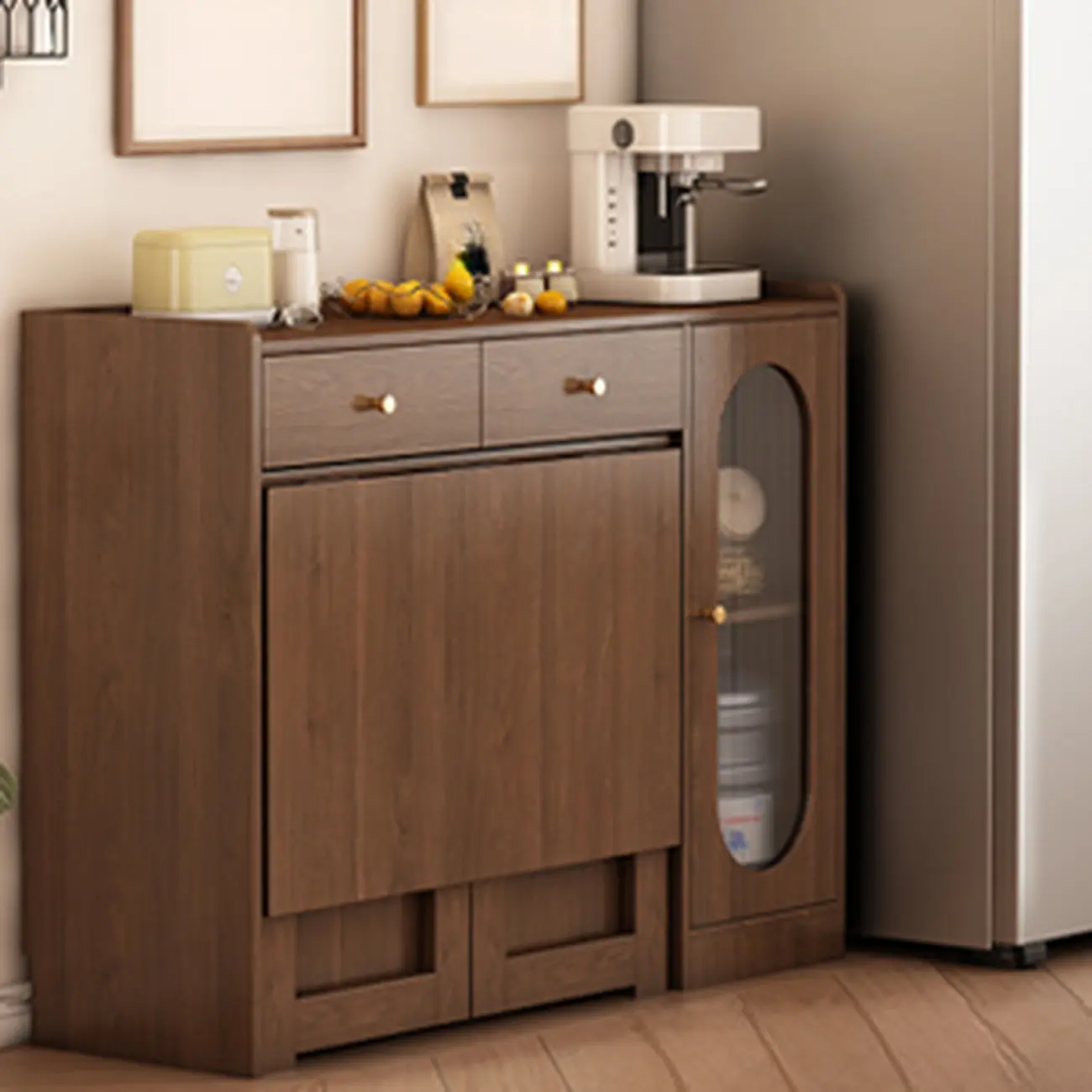 Space-Saving Brown 2-Drawer Wood Buffet Table Sliding Doors Image - 7 | homeyfad