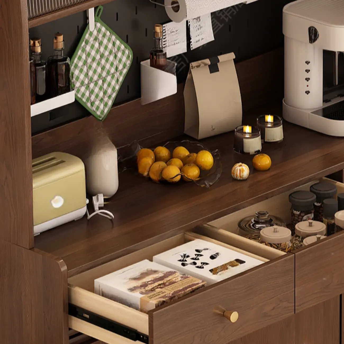 Space-Saving Brown 2-Drawer Wood Buffet Table Sliding Doors Image - 9 | homeyfad