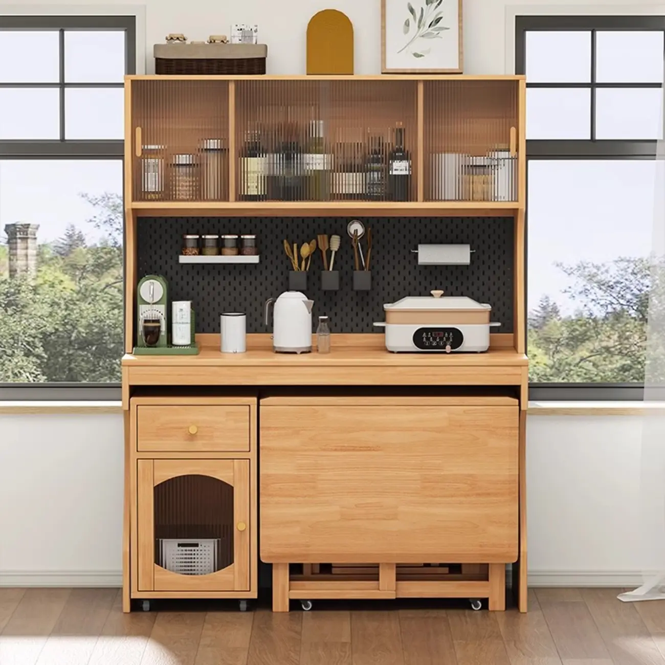 Mobile Natural Wood Hutch Top Kitchen Sideboard with Doors Image - 1 | homeyfad