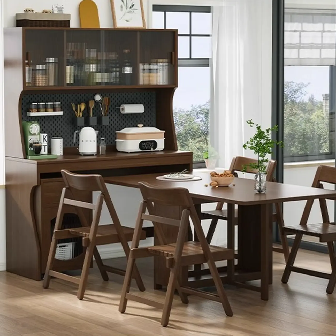 Mobile Natural Wood Hutch Top Kitchen Sideboard with Doors Image - 2 | homeyfad