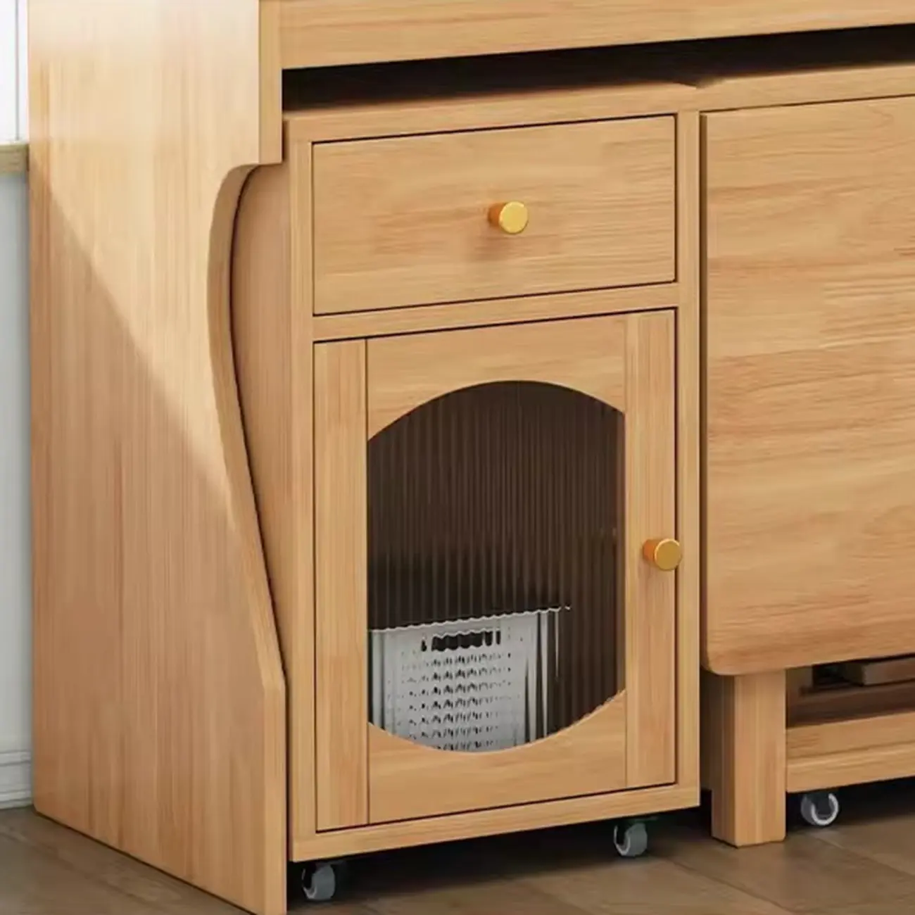 Mobile Natural Wood Hutch Top Kitchen Sideboard with Doors Image - 5 | homeyfad