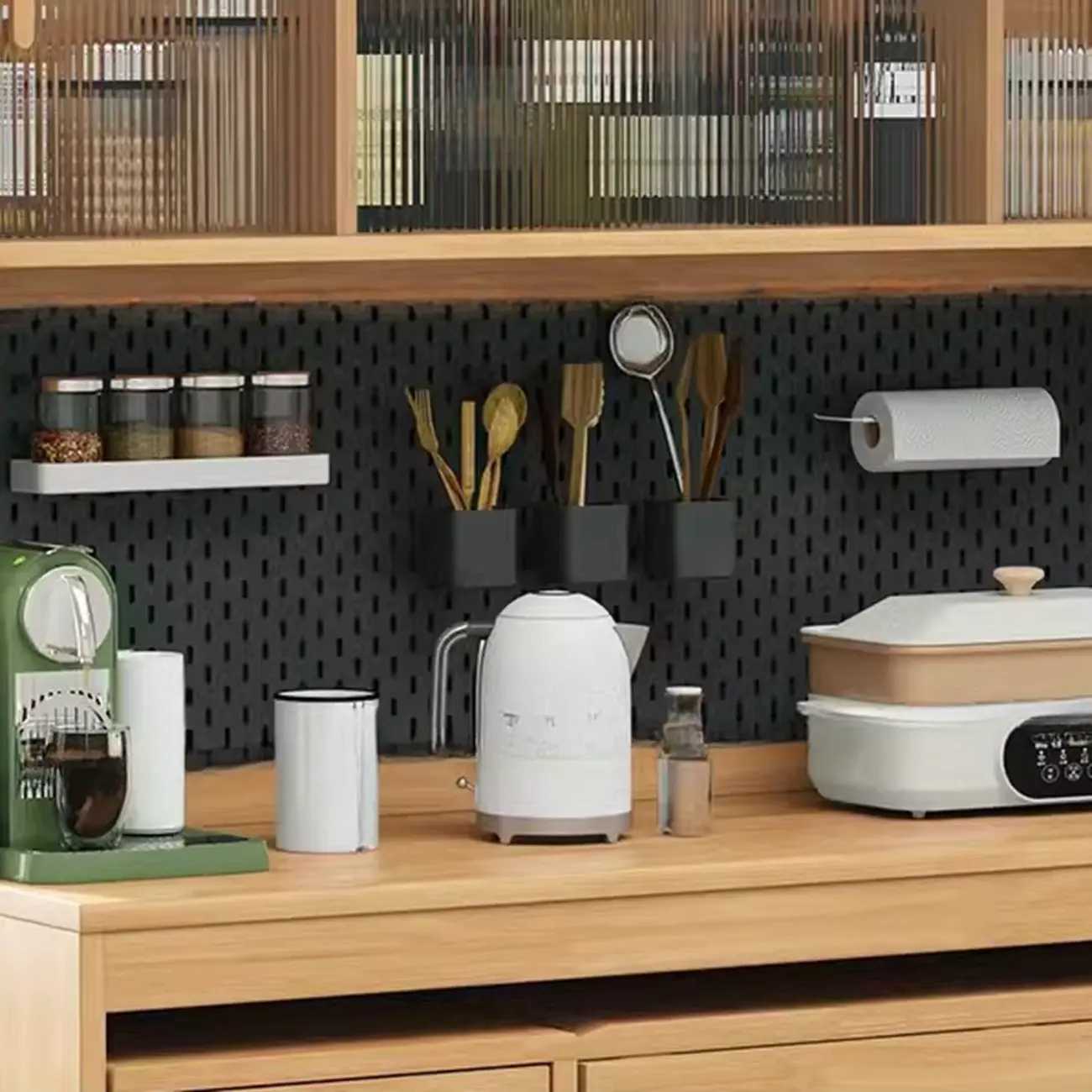 Mobile Natural Wood Hutch Top Kitchen Sideboard with Doors Image - 7 | homeyfad