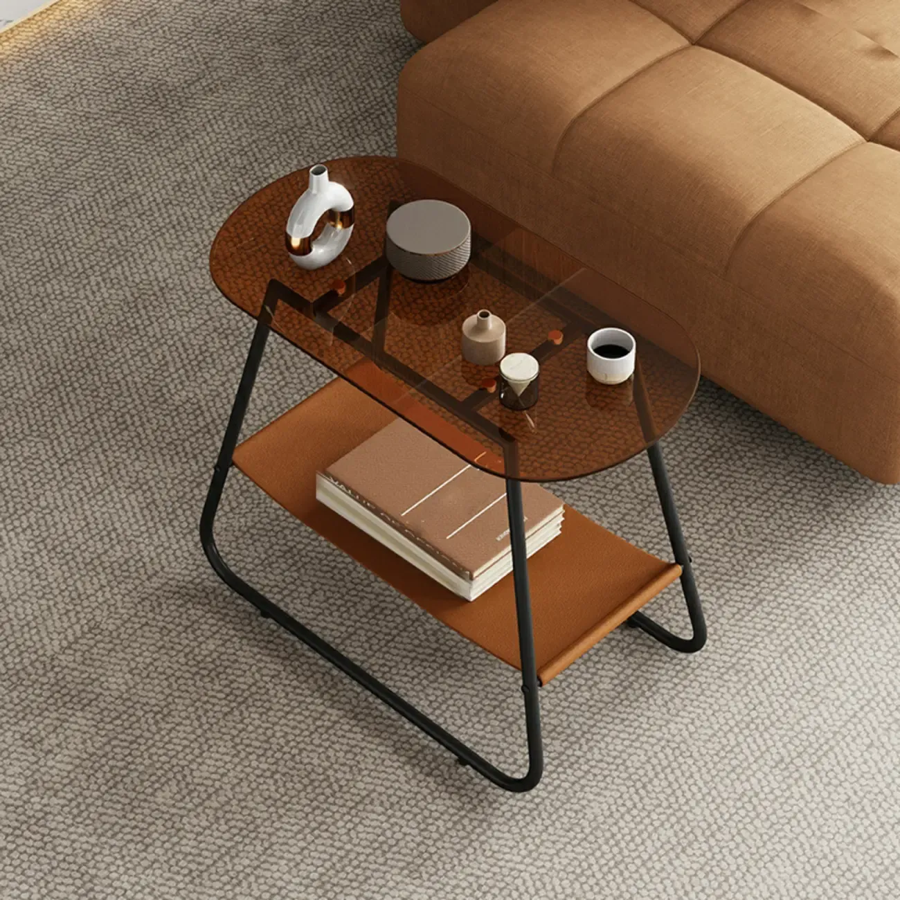 Brown Glass Top Oval Metal Frame Storage Side Table Image - 1