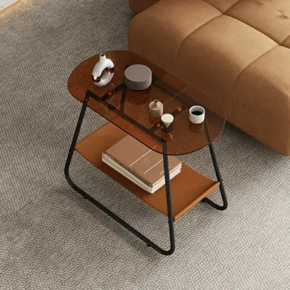 Brown Glass Top Oval Metal Frame Storage Side Table Image - 1