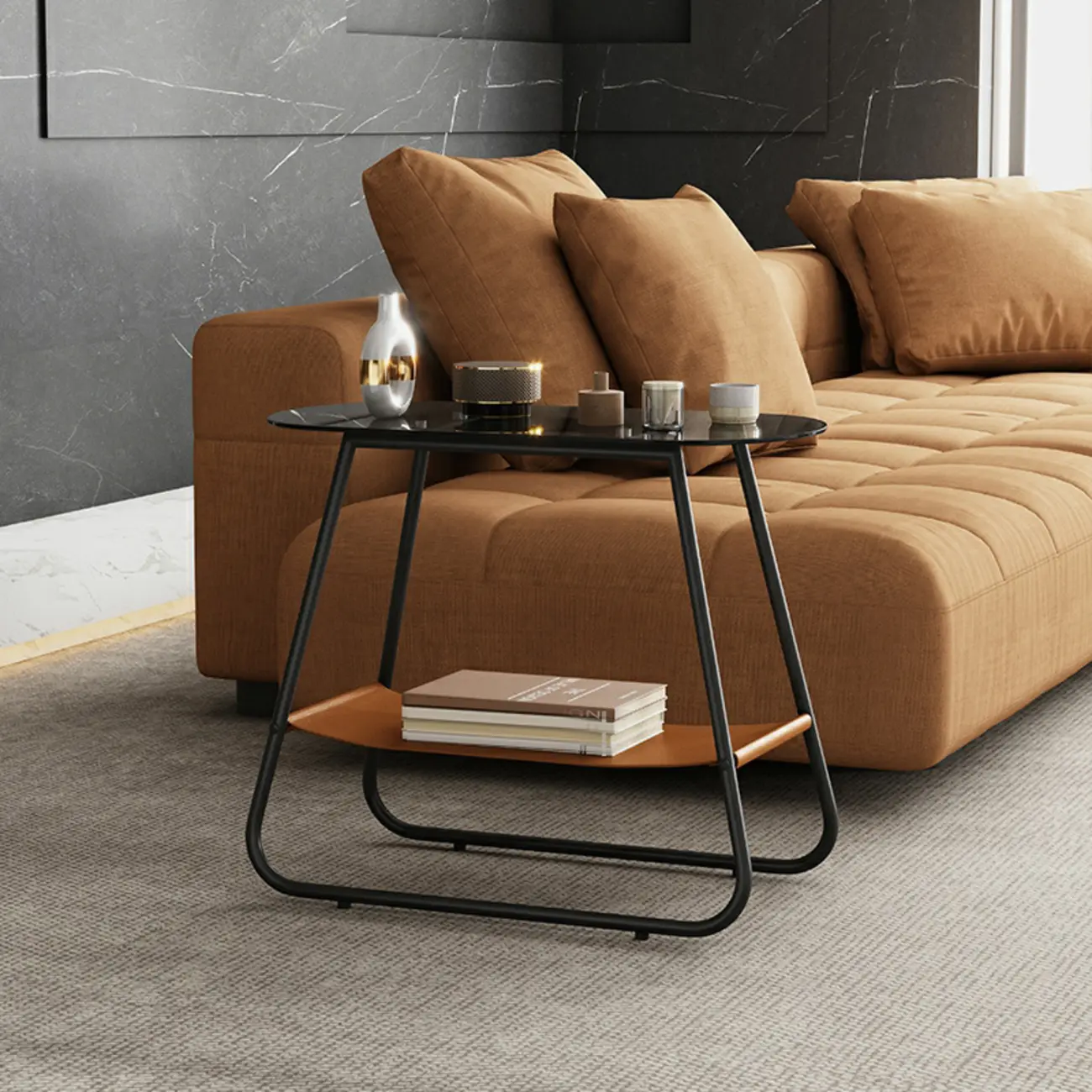 Brown Glass Top Oval Metal Frame Storage Side Table Image - 2 | homeyfad