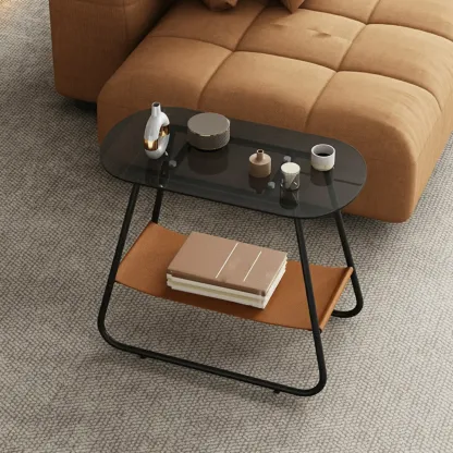 Brown Glass Top Oval Metal Frame Storage Side Table Image - 7