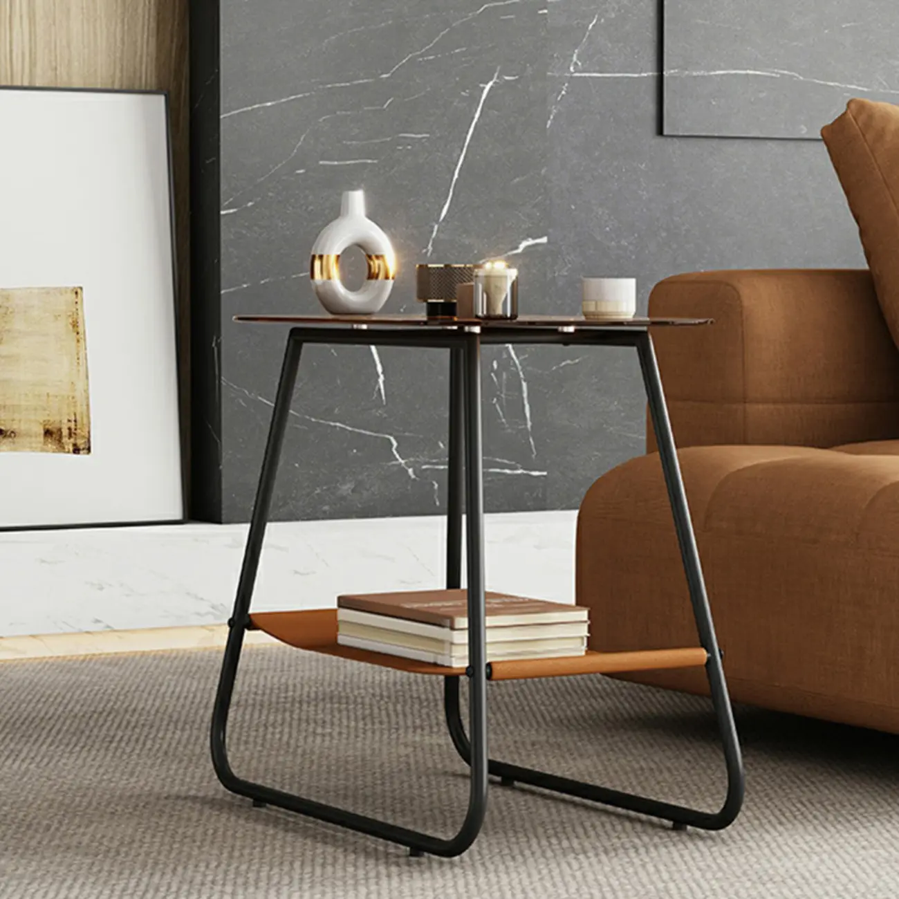 Brown Glass Top Oval Metal Frame Storage Side Table Image - 3 | homeyfad