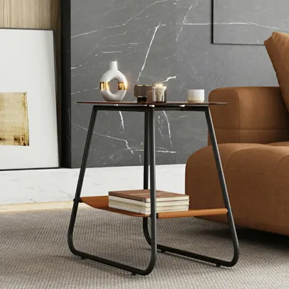 Brown Glass Top Oval Metal Frame Storage Side Table Image - 3