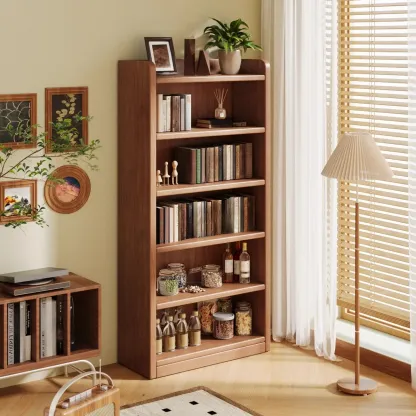 Durable Brown Wooden Vertical Open Storage 5-Shelf Bookcase Image - 1