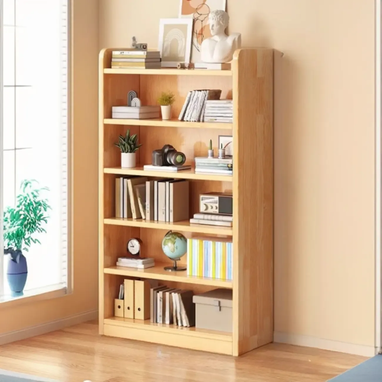 Durable Brown Wooden Vertical Open Storage 5-Shelf Bookcase Image - 3