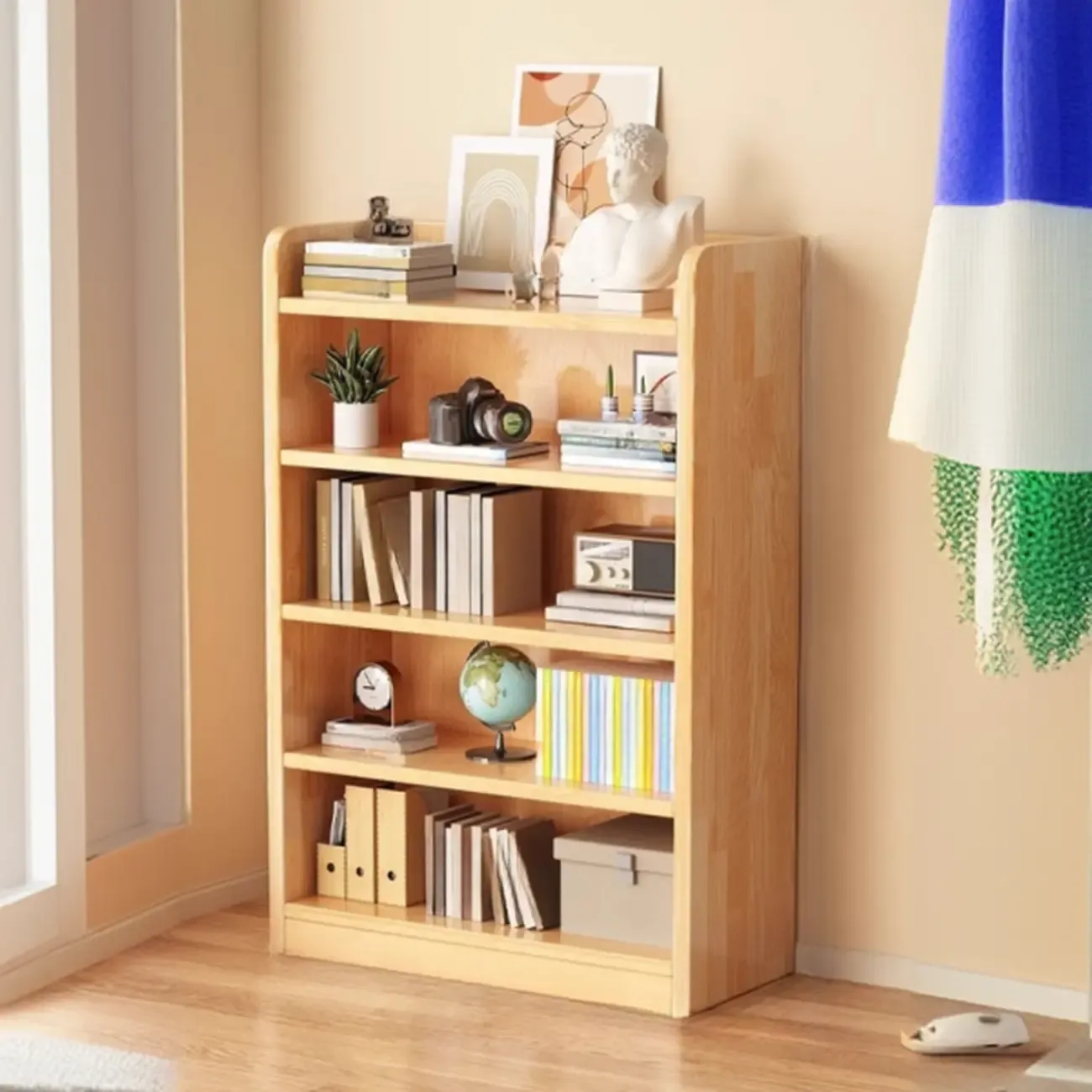 Durable Brown Wooden Vertical Open Storage 5-Shelf Bookcase Image - 5