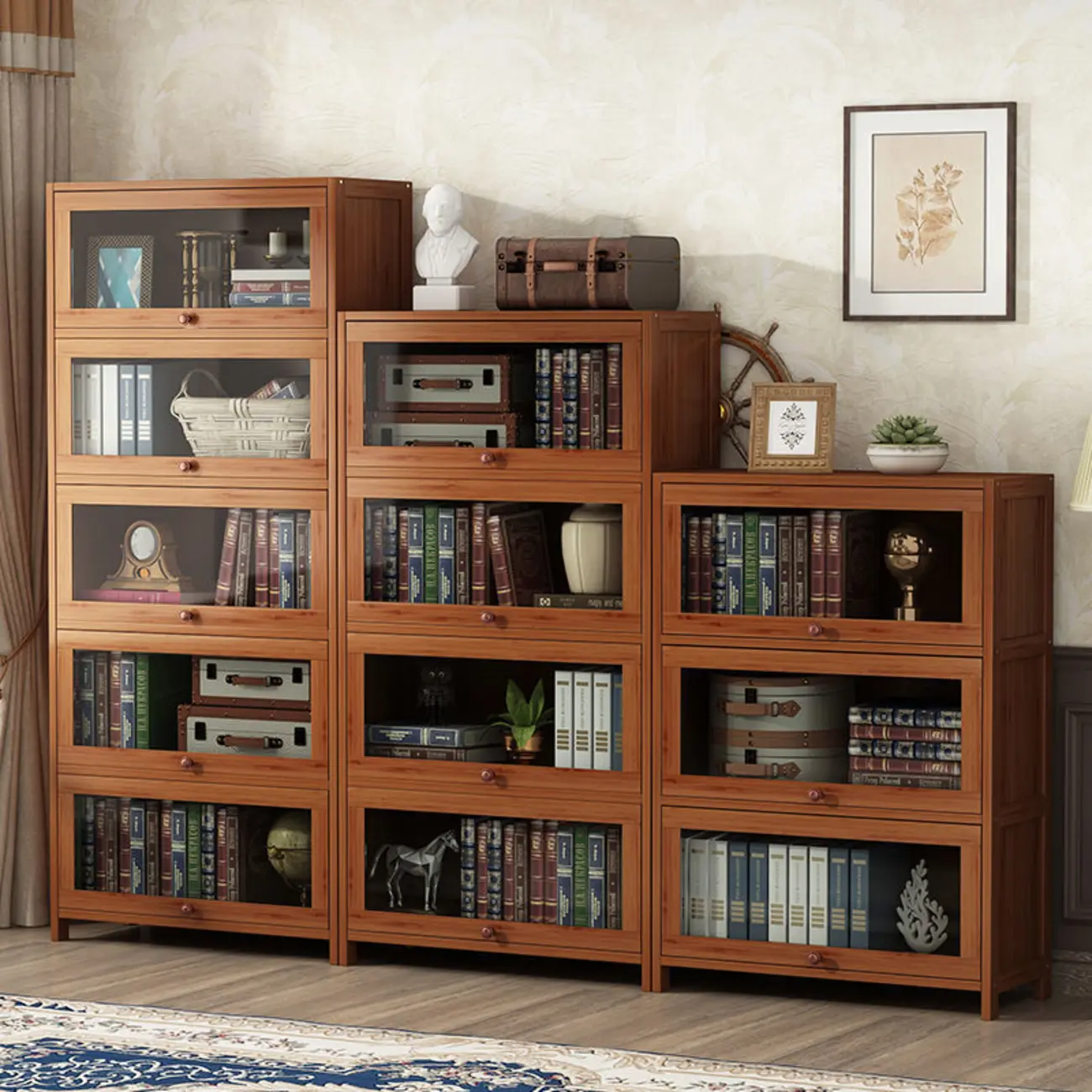 Pecan Wood Closed Back Organizer with Glass Doors Image - 1 | homeyfad