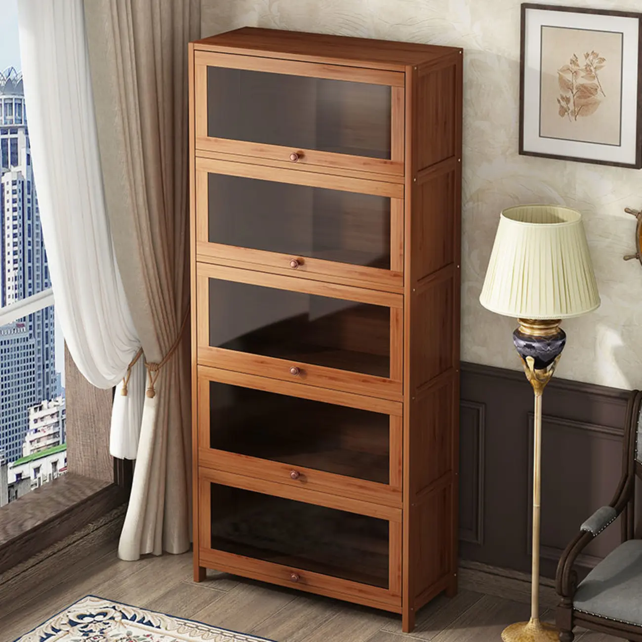 Pecan Wood Closed Back Organizer with Glass Doors Image - 2 | homeyfad