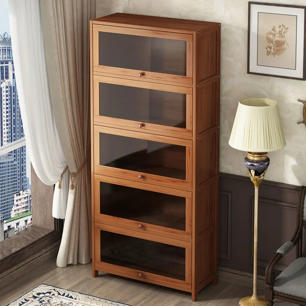 Pecan Wood Closed Back Organizer with Glass Doors Image - 2