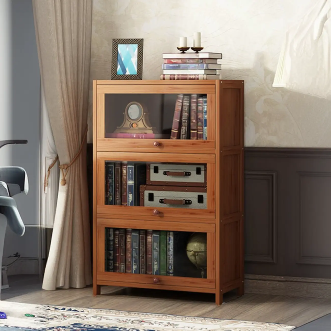 Pecan Wood Closed Back Organizer with Glass Doors Image - 8 | homeyfad