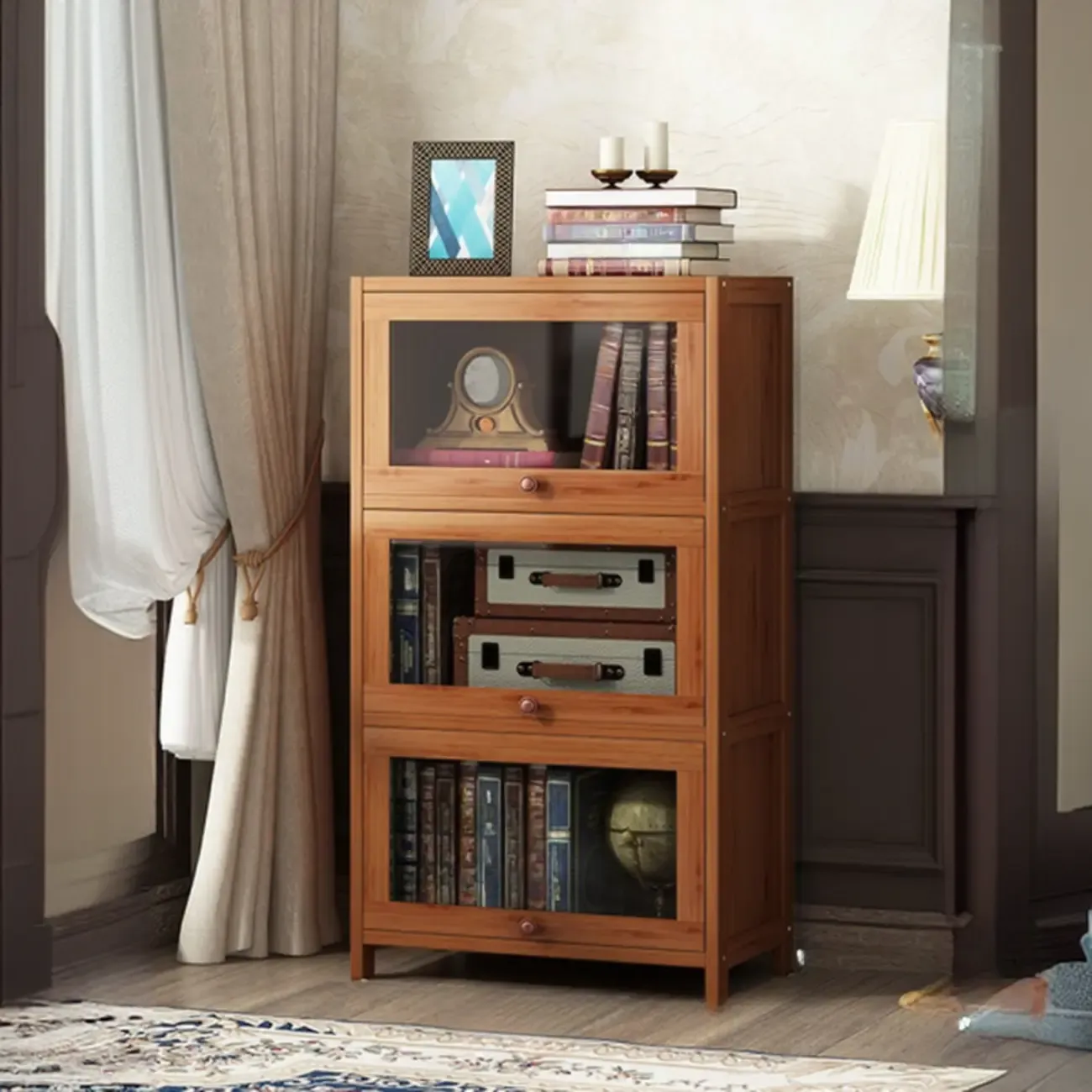 Pecan Wood Closed Back Organizer with Glass Doors Image - 17