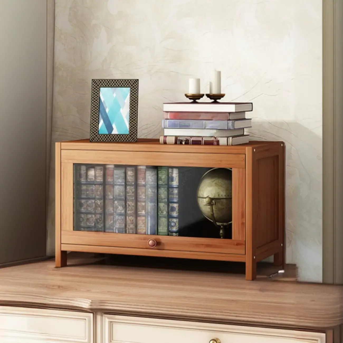 Pecan Wood Closed Back Organizer with Glass Doors Image - 18