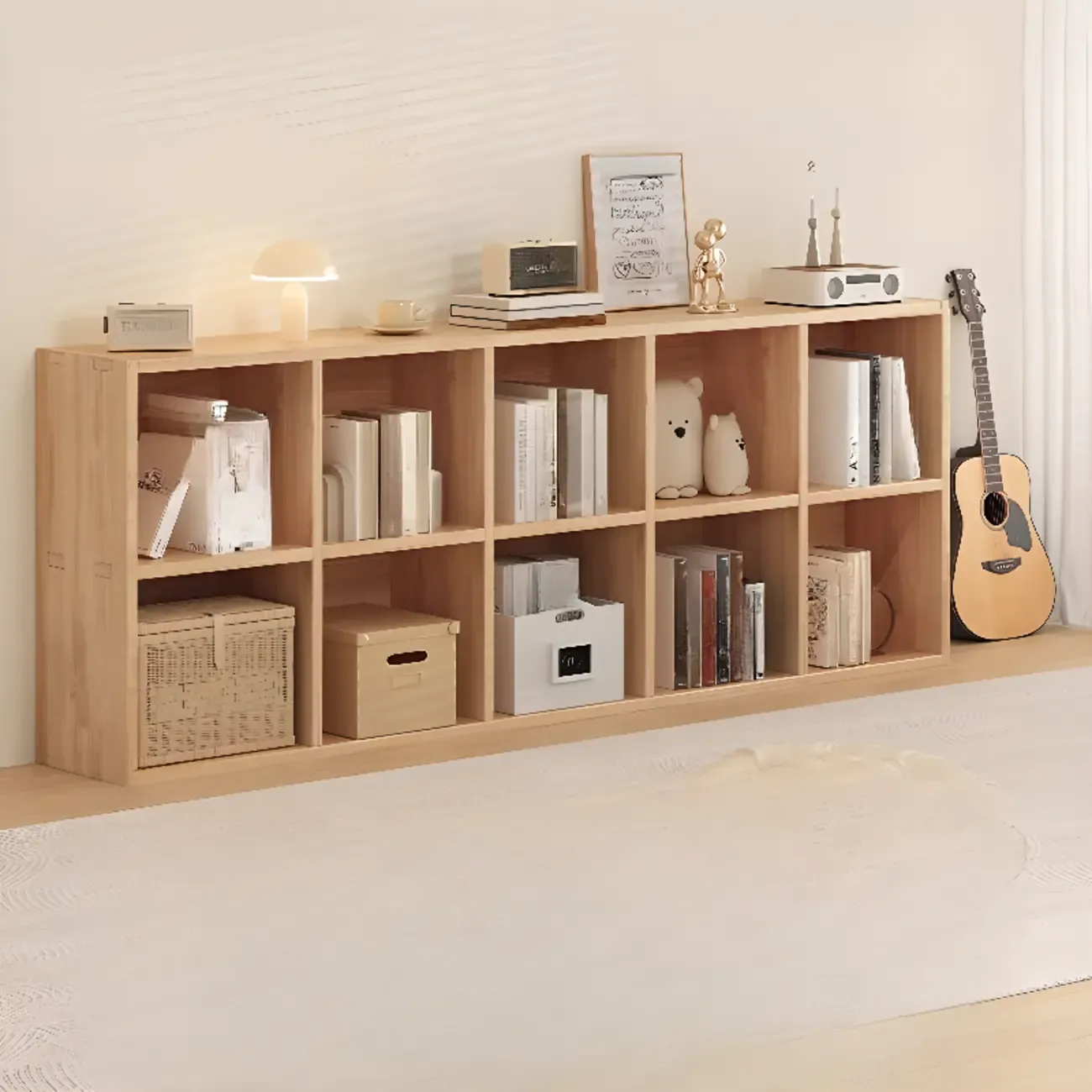 Natural Wood Horizontal Bookcase Cube Organizer Image - 10