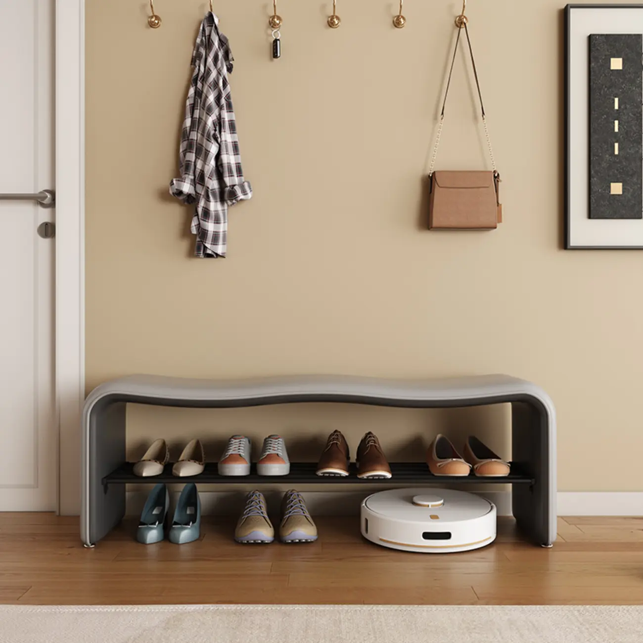 2-Seat Upholstered Metal Solid Color Storage Entryway Bench Image - 2 | homeyfad