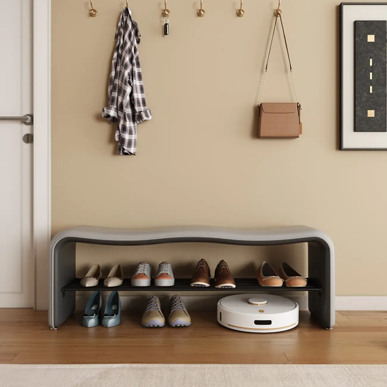 2-Seat Upholstered Metal Solid Color Storage Entryway Bench Image - 2