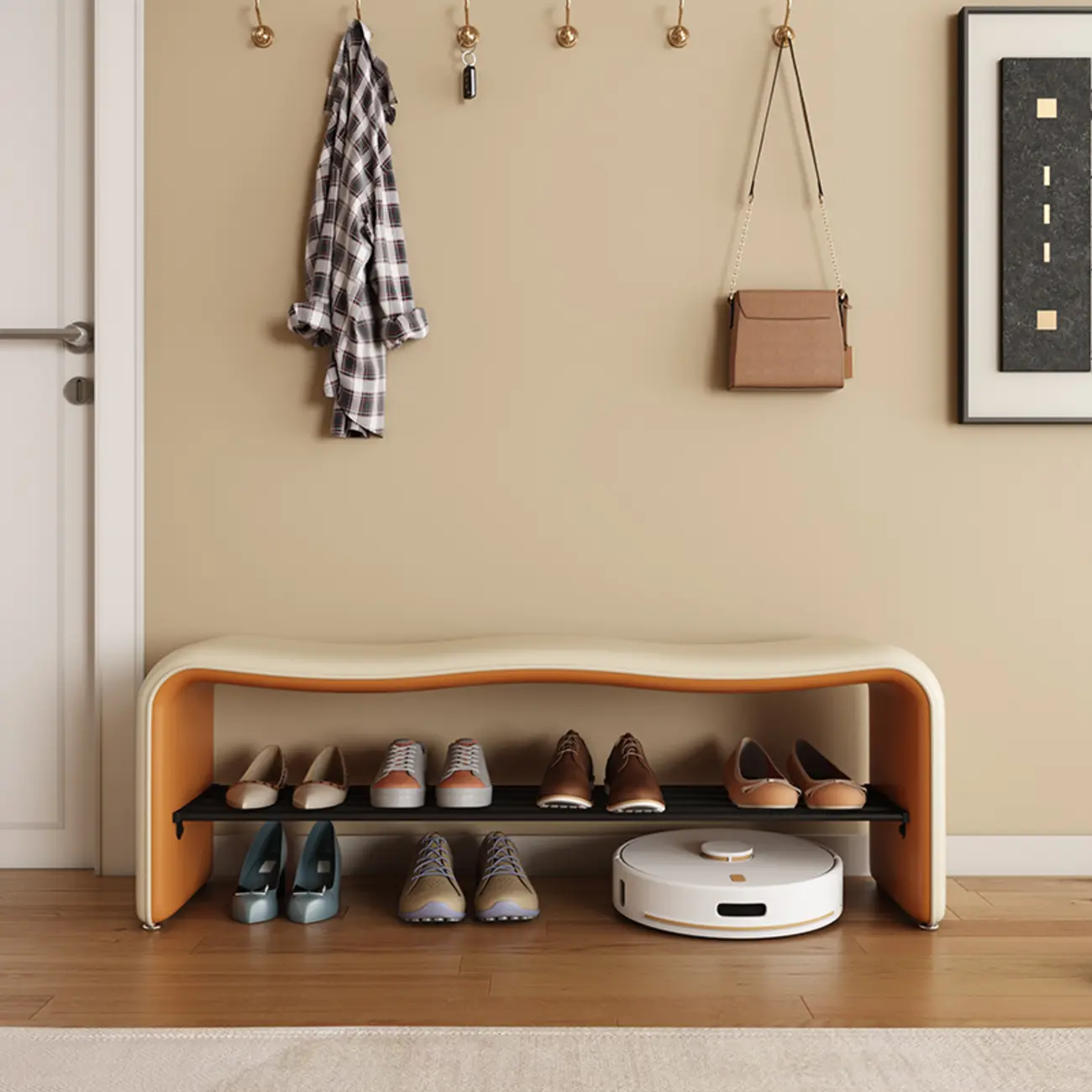 2-Seat Upholstered Metal Solid Color Storage Entryway Bench Image - 3 | homeyfad