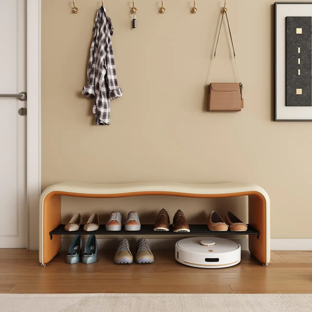 2-Seat Upholstered Metal Solid Color Storage Entryway Bench Image - 3