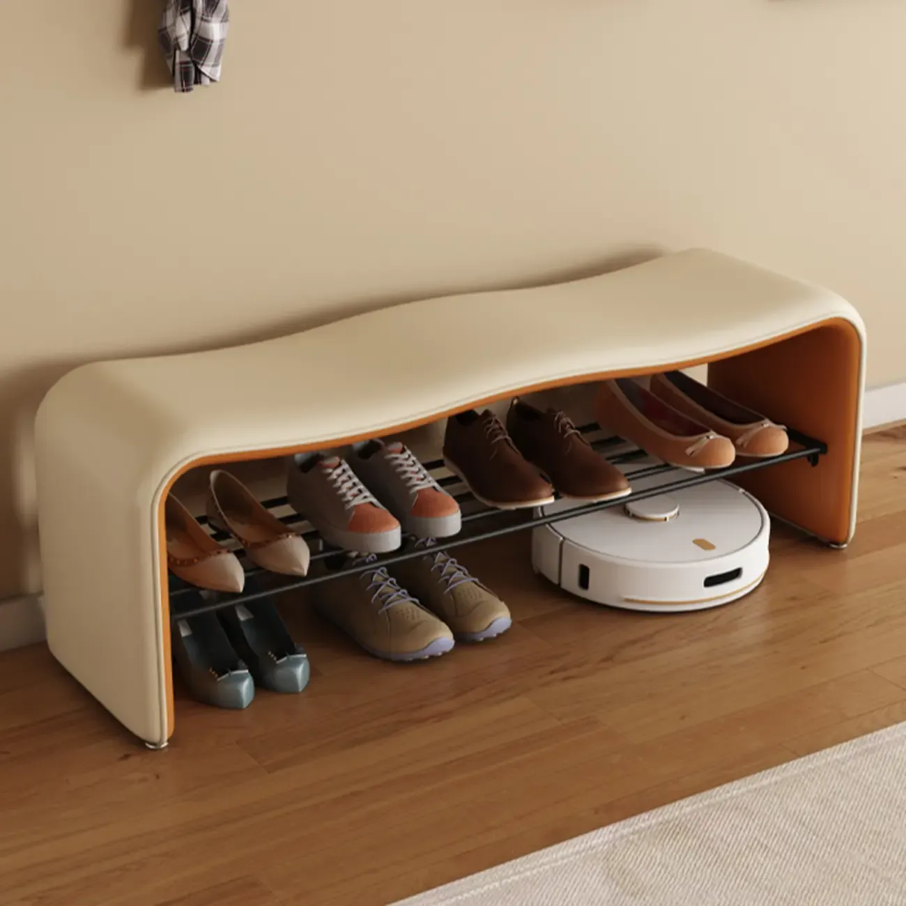 2-Seat Upholstered Metal Solid Color Storage Entryway Bench Image - 5