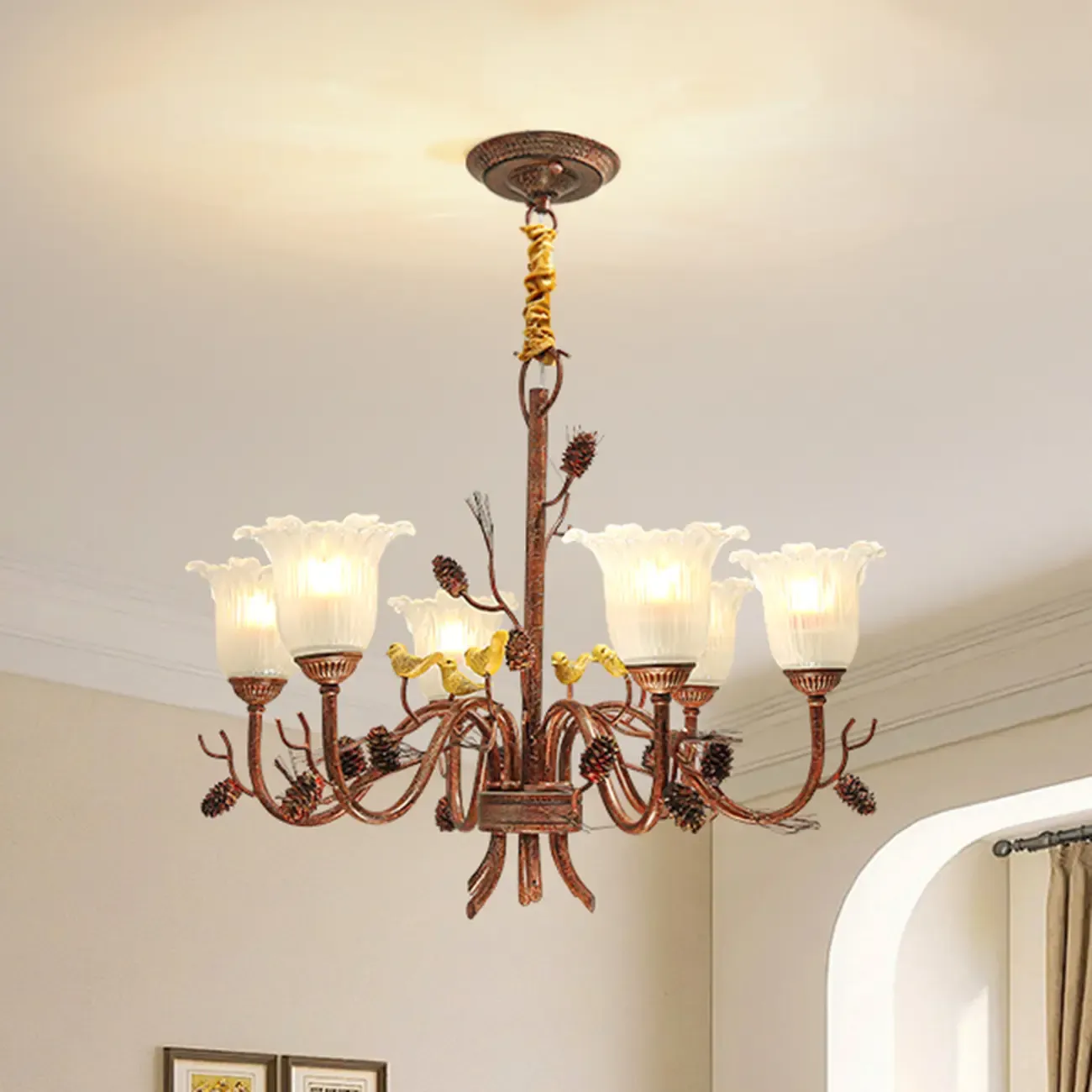 Modern 6-Light Vintage Floral Bell Chandelier Adjustable Height  Image - 1