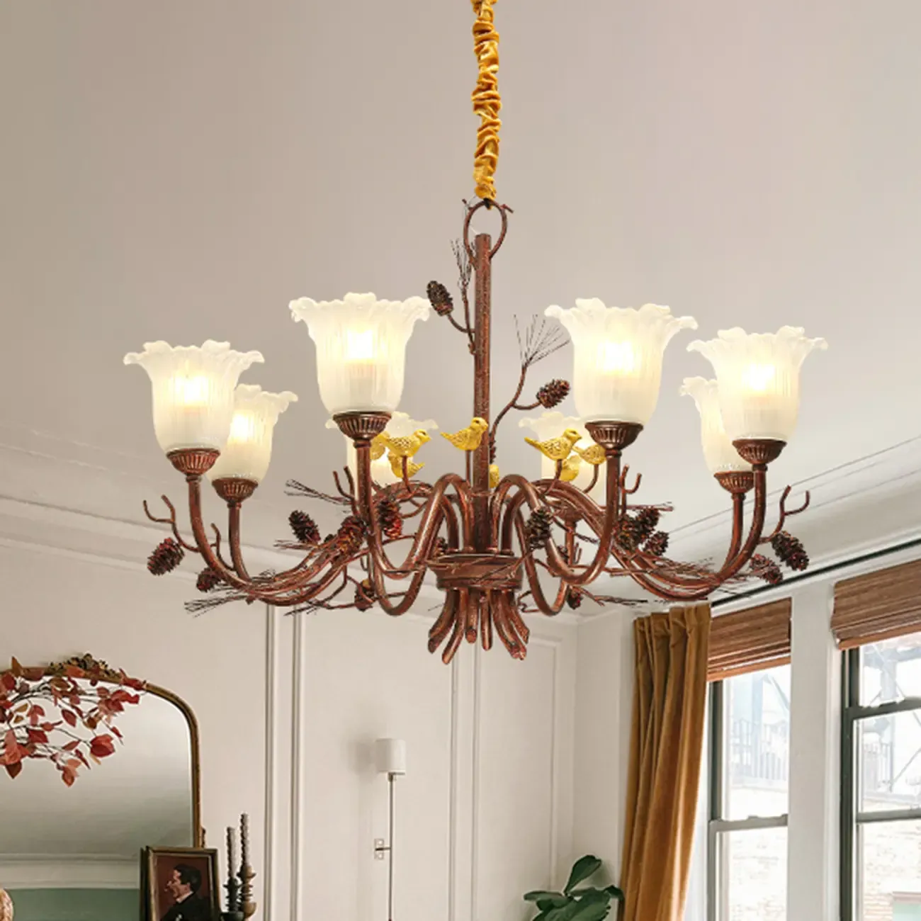 Modern 6-Light Vintage Floral Bell Chandelier Adjustable Height  Image - 6