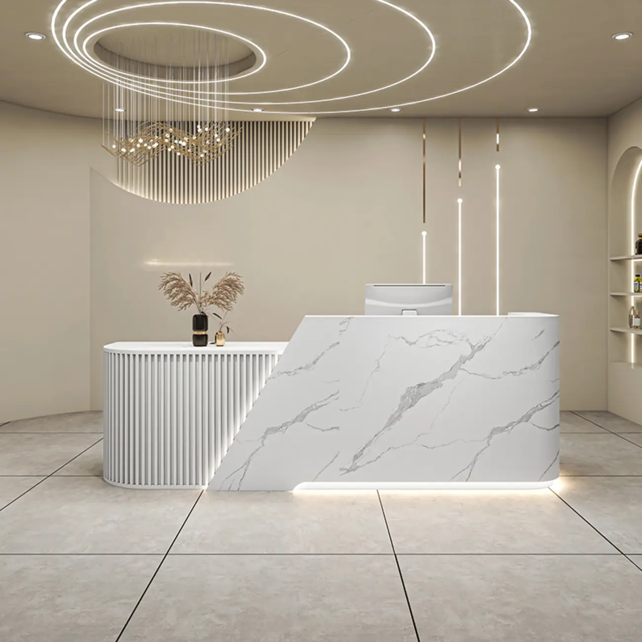 Minimalist White Wood Curved Counter Led Reception Desk Image - 1 | homeyfad