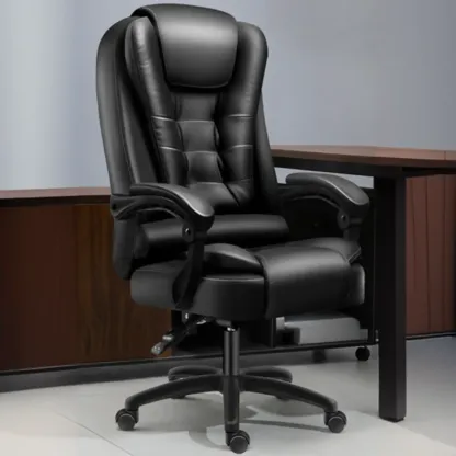 Ergonomic Black Leather Swivel Office Chair with Footrest Image - 3