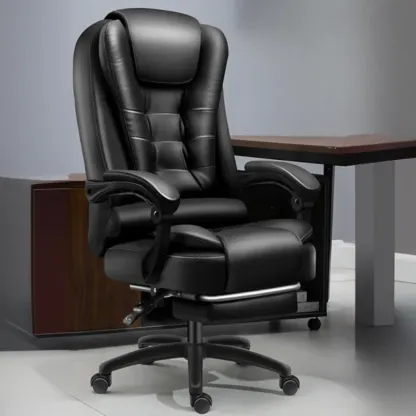 Ergonomic Black Leather Swivel Office Chair with Footrest Image - 11