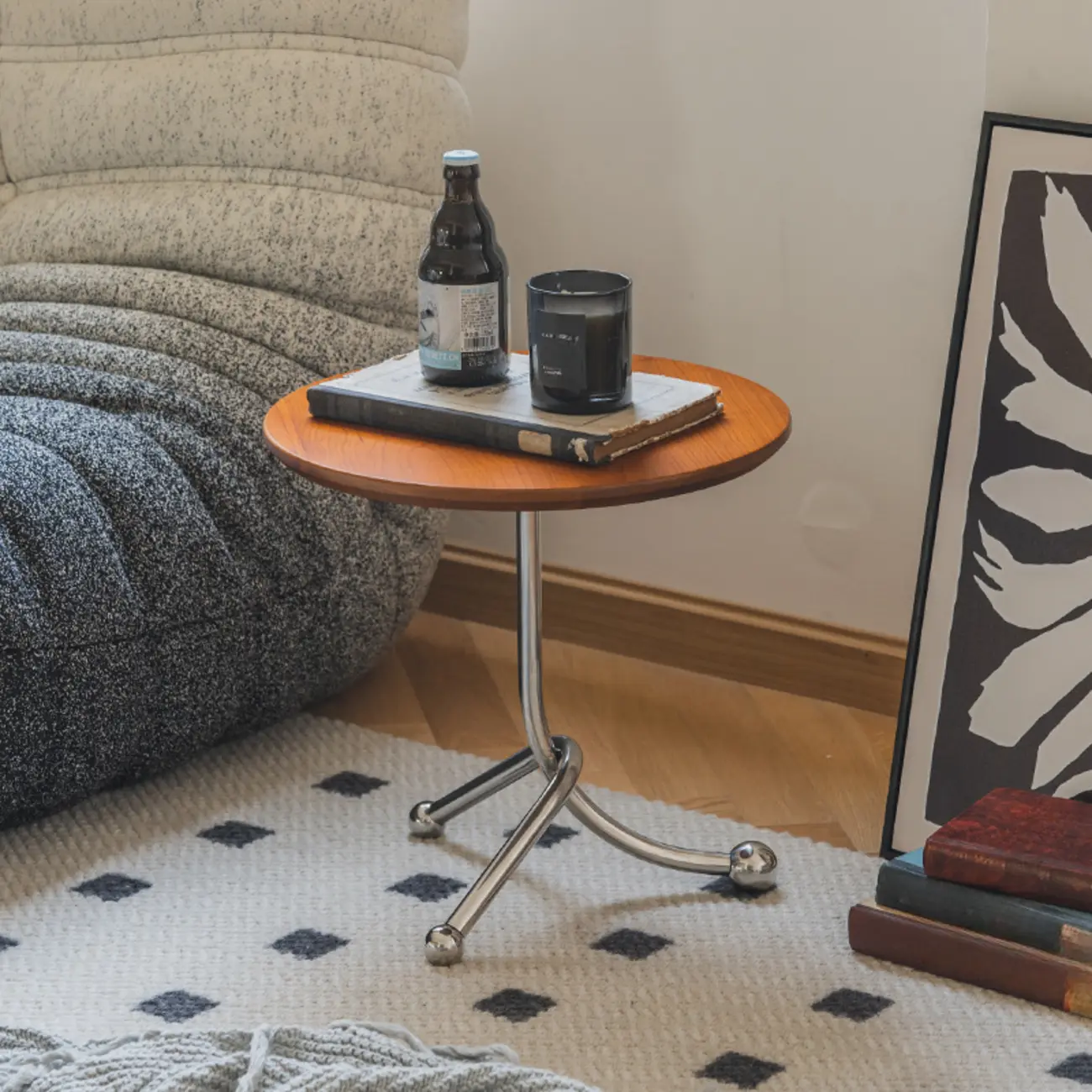 Modern Wood Round Top Triangular Silver Side Table Image - 1 | homeyfad