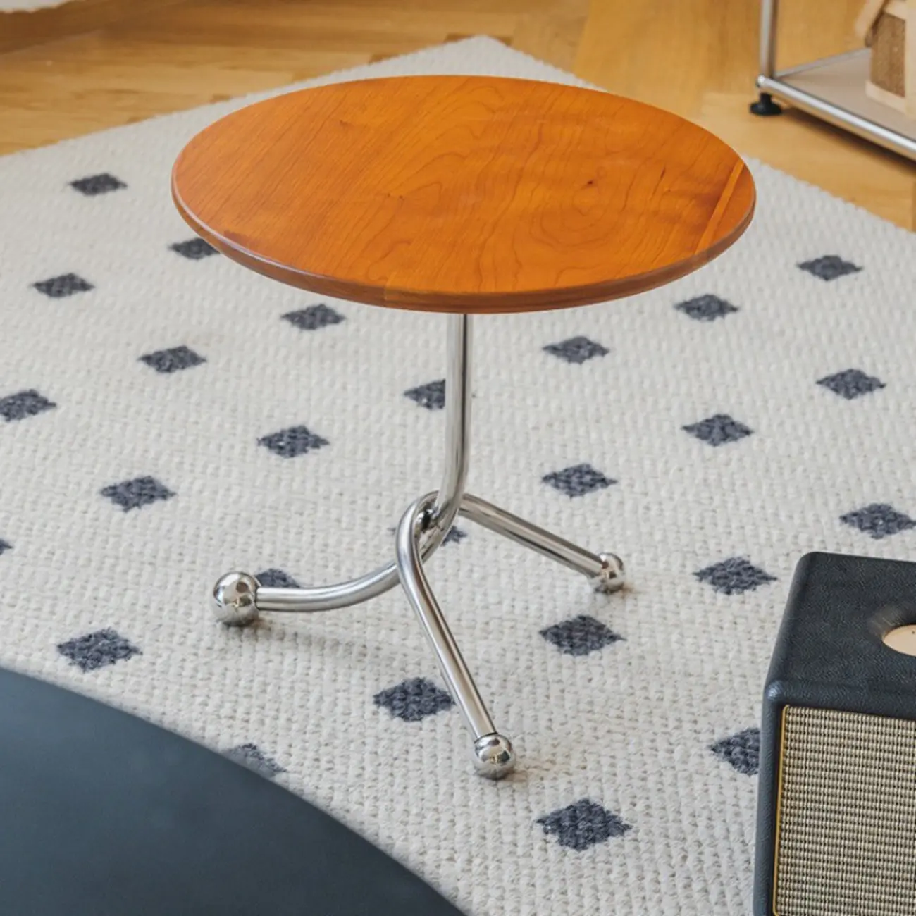 Modern Wood Round Top Triangular Silver Side Table Image - 2 | homeyfad