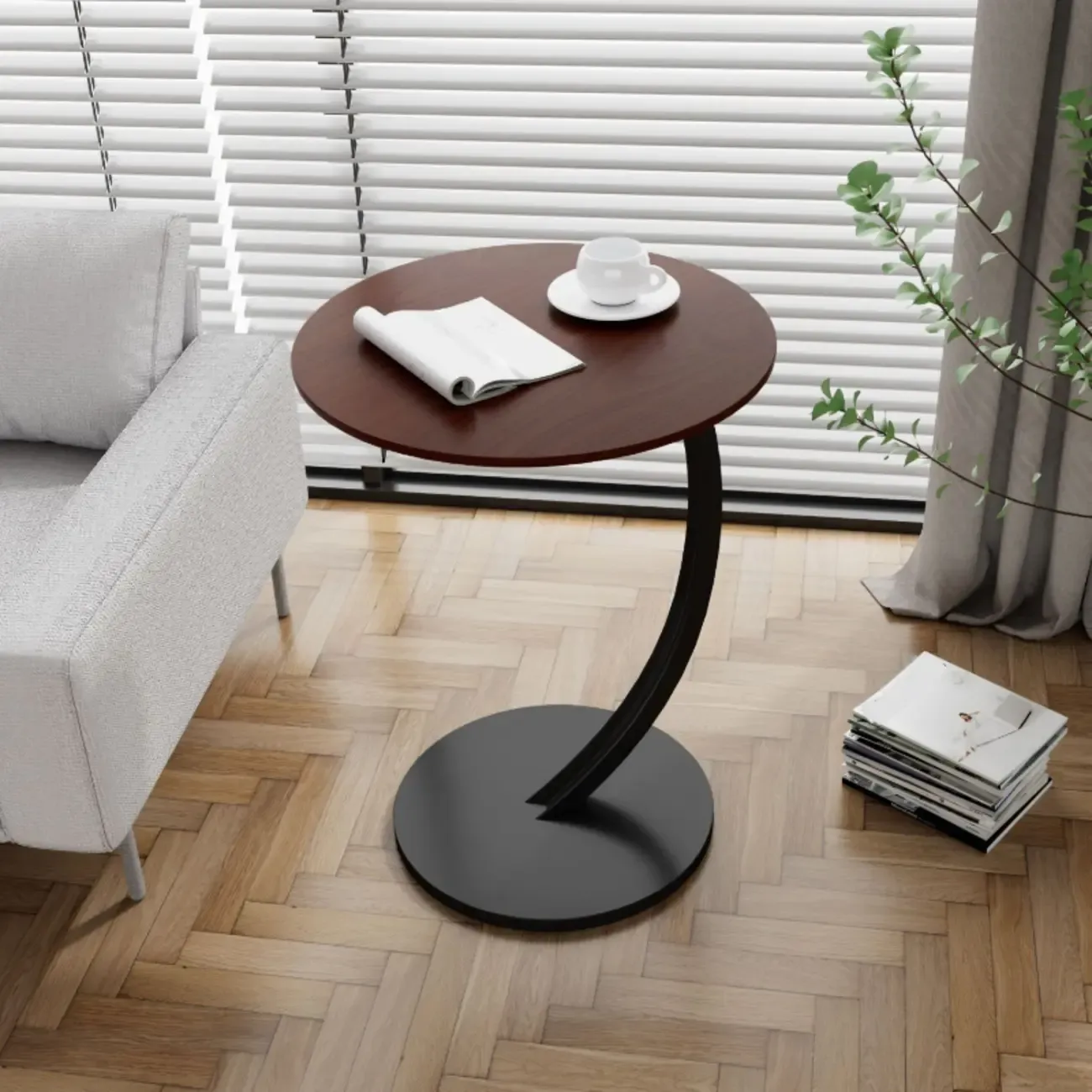 Modern Wood Round Top Triangular Silver Side Table | HomeyFad