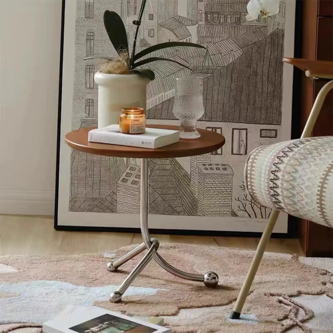 Modern Wood Round Top Triangular Silver Side Table Image - 7 | homeyfad