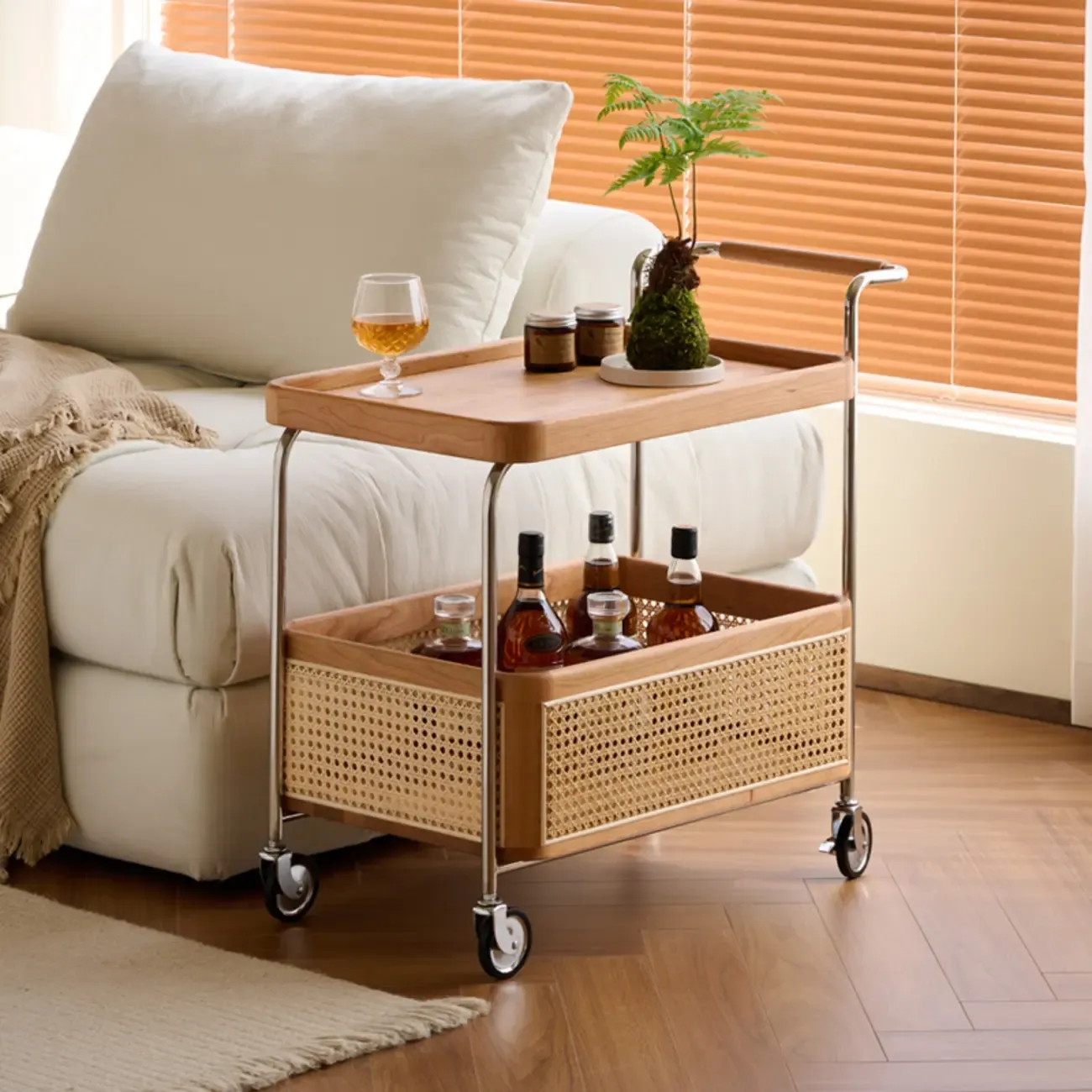 Modern Wooden Rolling Cart End Table with Rattan Storage | HomeyFad