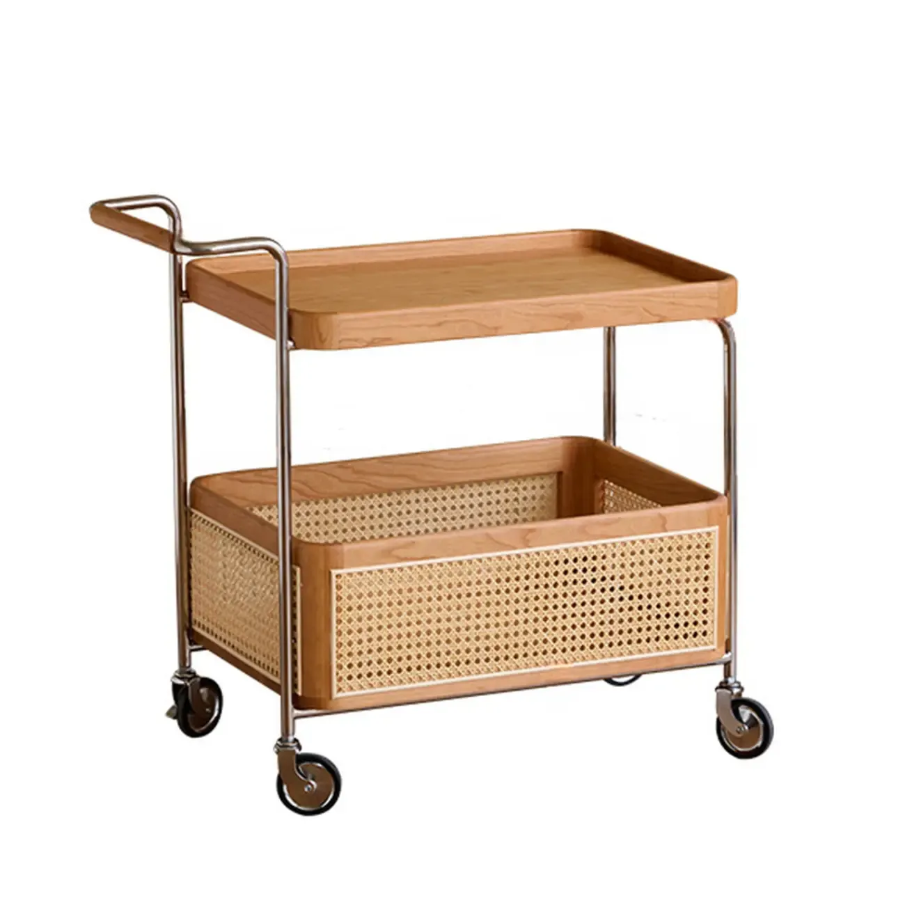 Rectangular Cherry Wood Storage Cart End Table with Wheels Image - 4