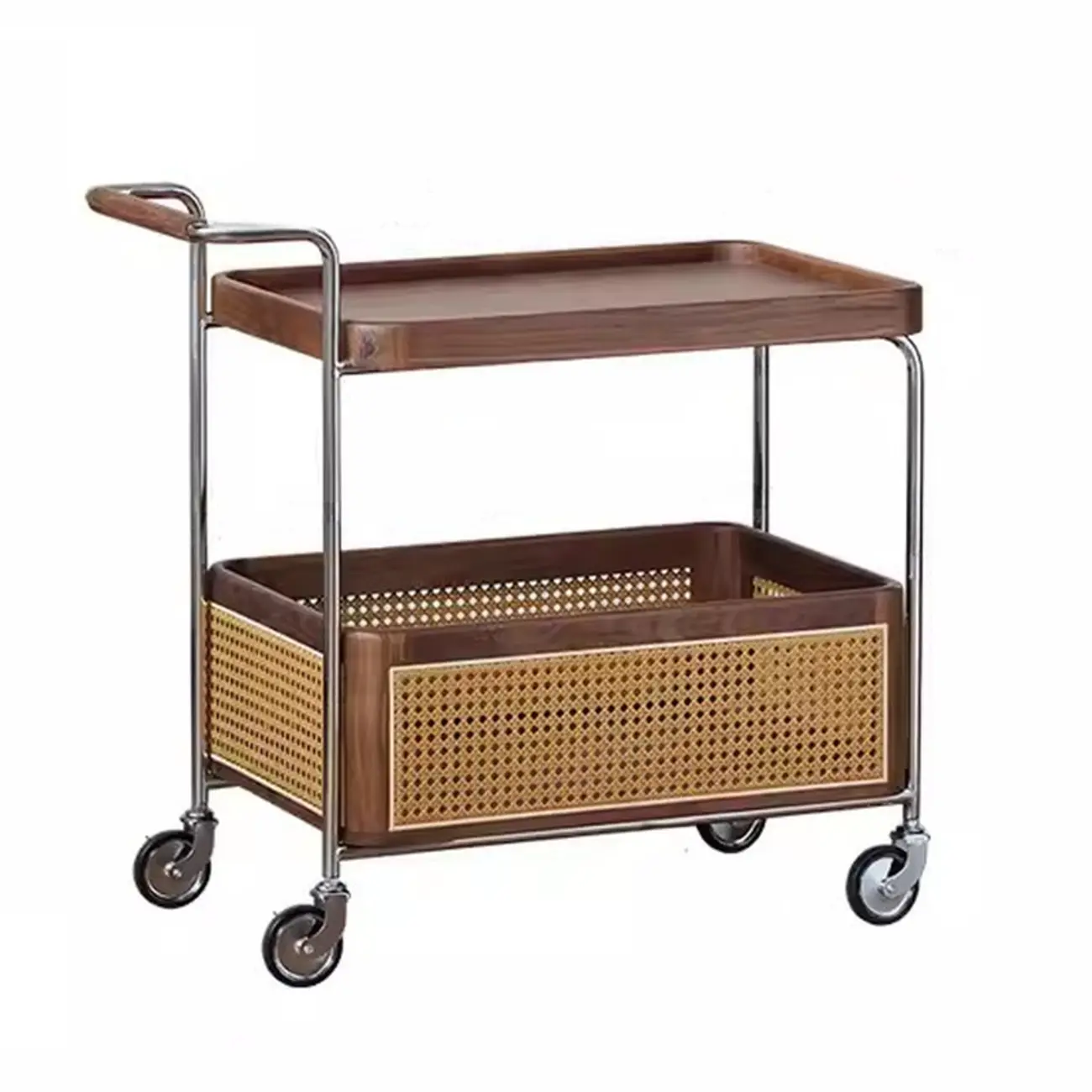 Rectangular Cherry Wood Storage Cart End Table with Wheels Image - 5 | homeyfad