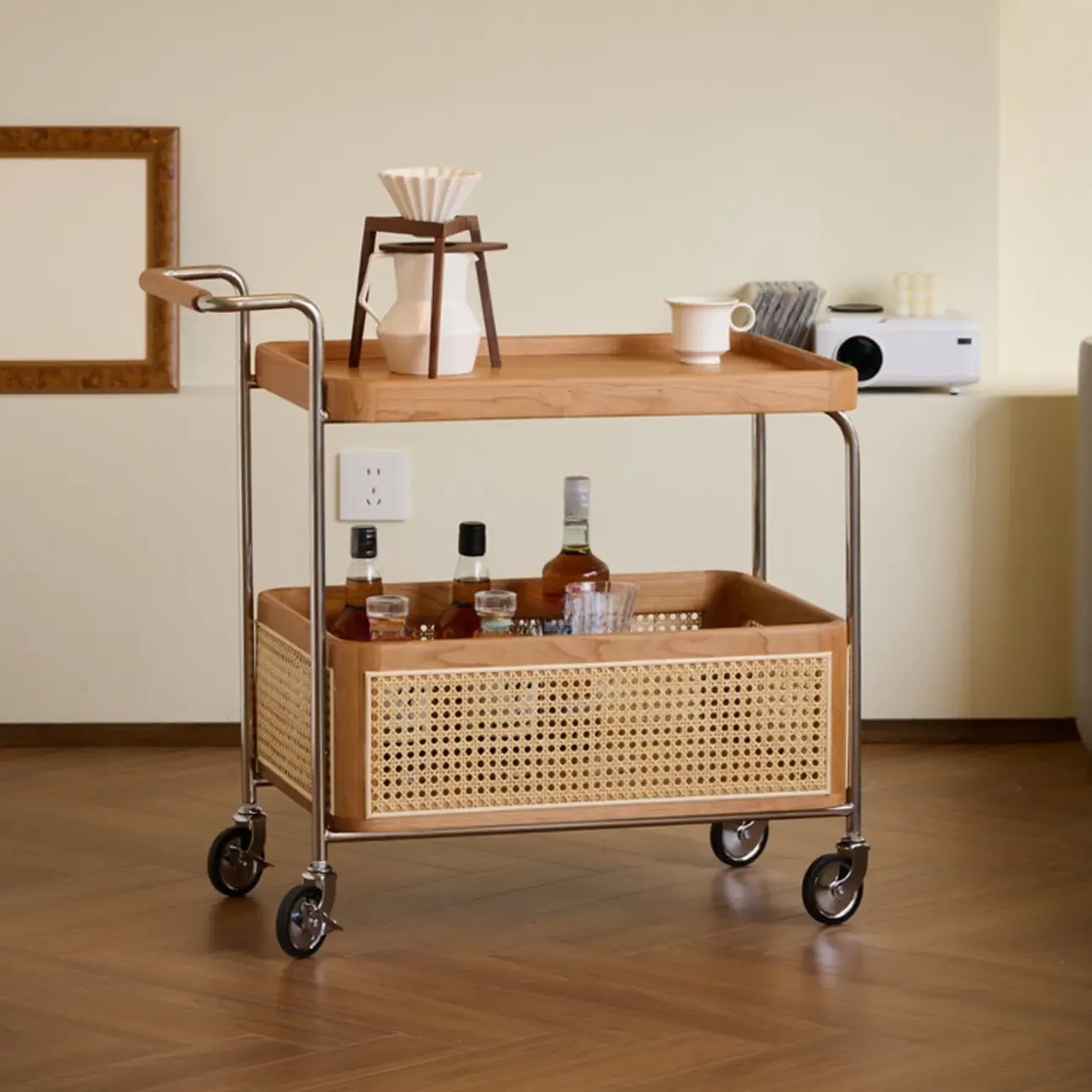 Rectangular Cherry Wood Storage Cart End Table with Wheels Image - 2