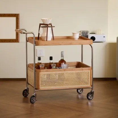 Rectangular Cherry Wood Storage Cart End Table with Wheels Image - 2