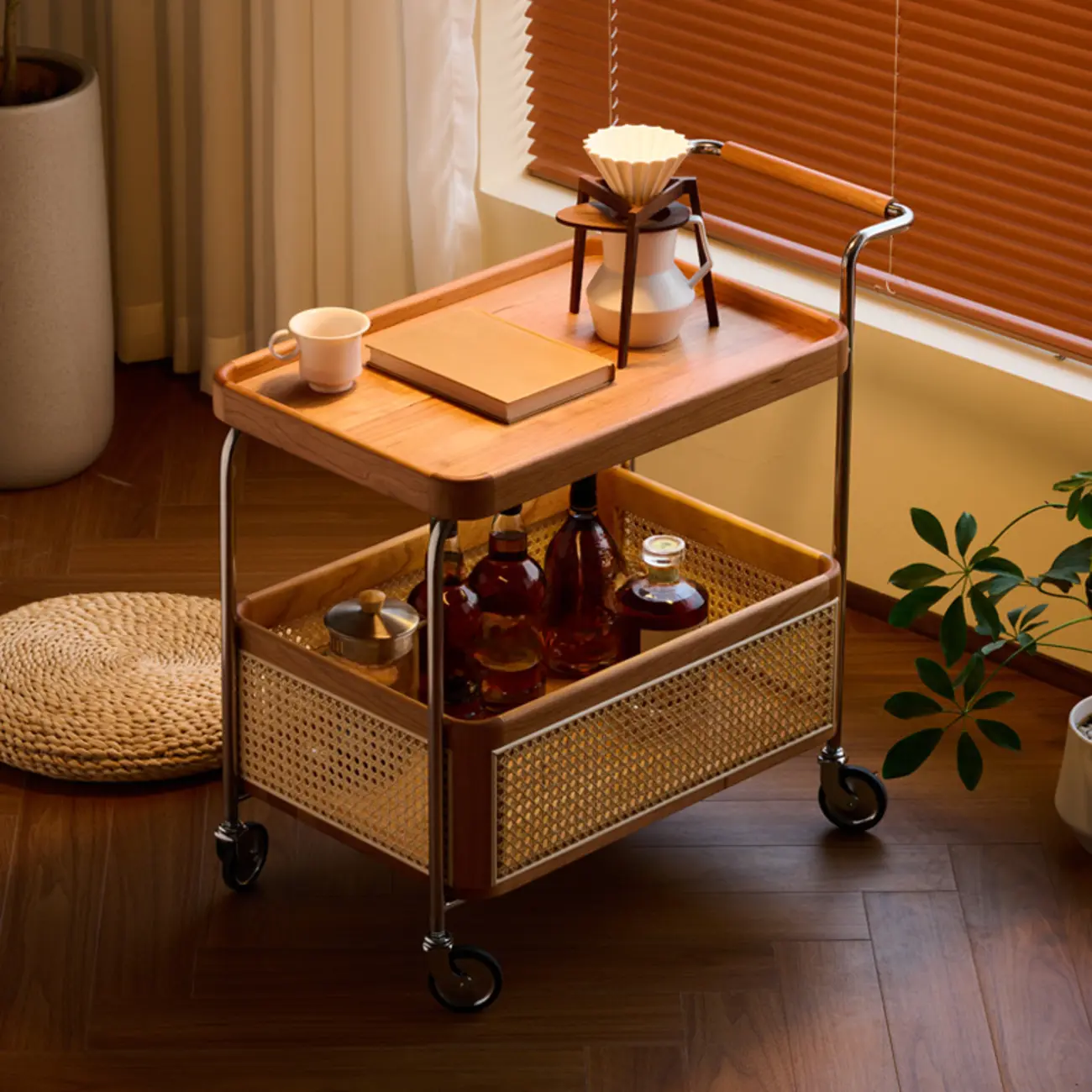 Rectangular Cherry Wood Storage Cart End Table with Wheels Image - 3 | homeyfad