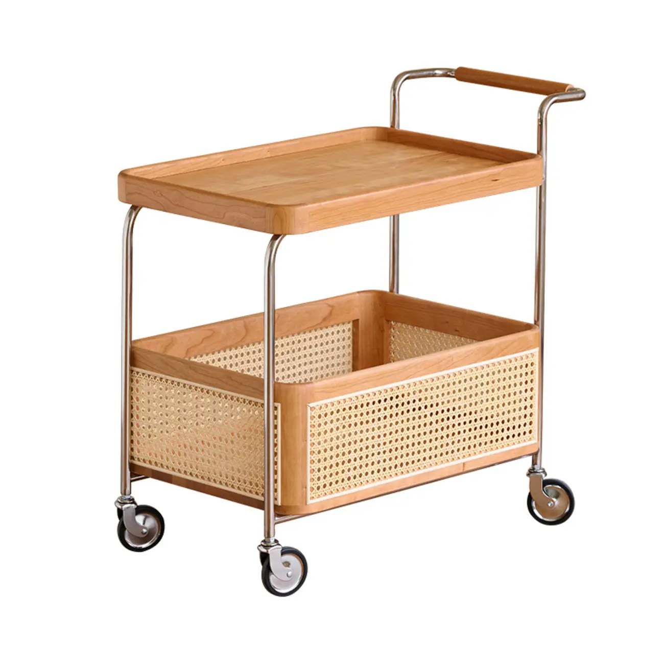 Rectangular Cherry Wood Storage Cart End Table with Wheels Image - 6 | homeyfad