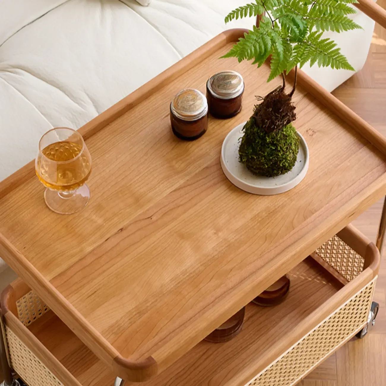 Rectangular Cherry Wood Storage Cart End Table with Wheels Image - 7