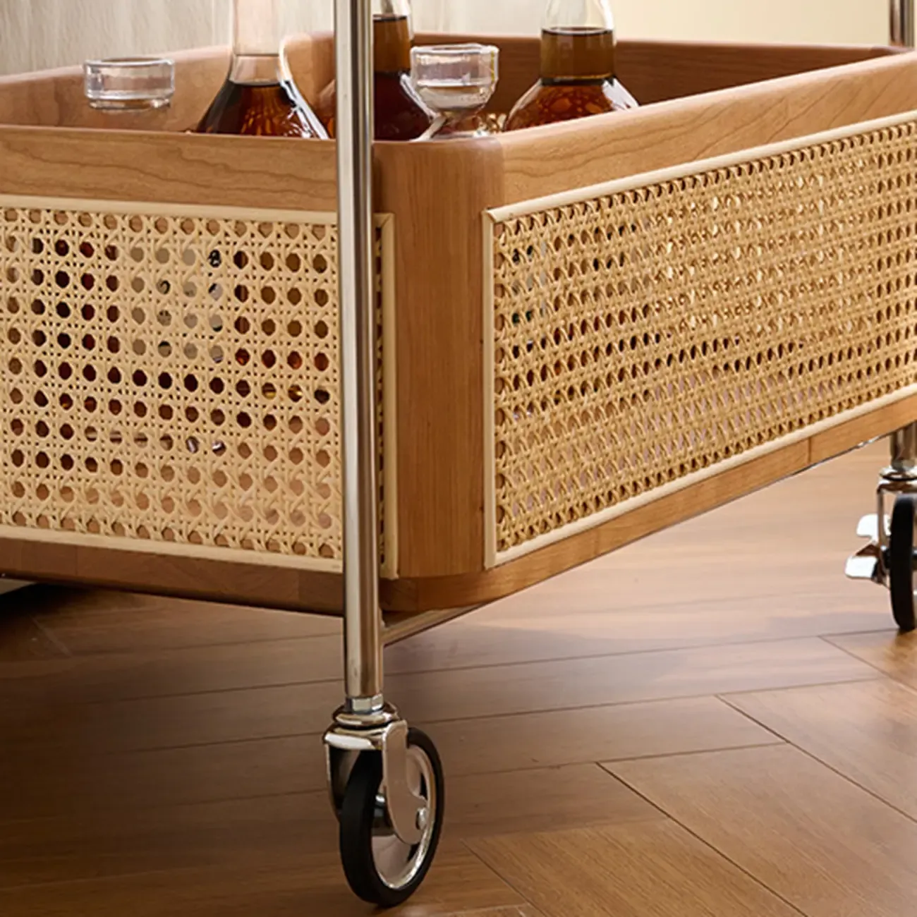 Rectangular Cherry Wood Storage Cart End Table with Wheels Image - 8