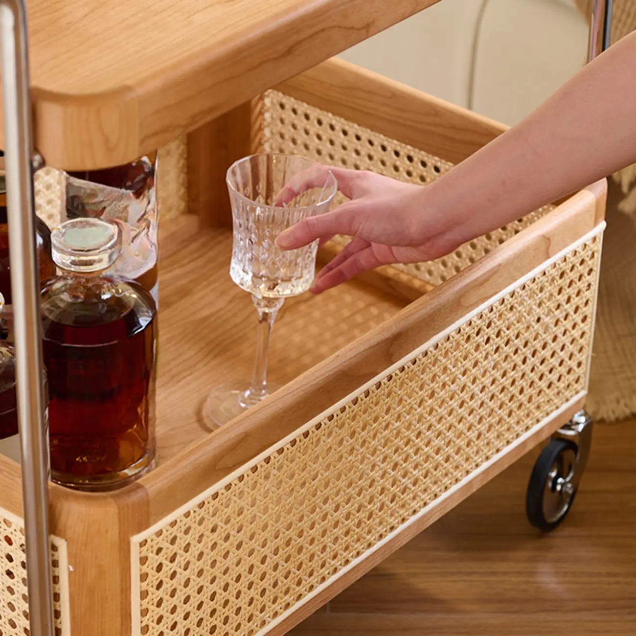 Rectangular Cherry Wood Storage Cart End Table with Wheels Image - 10 | homeyfad