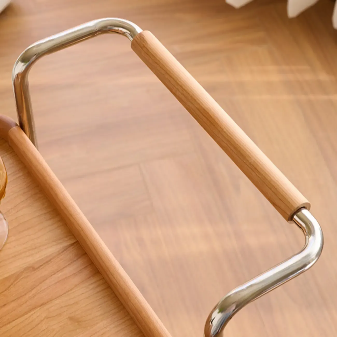 Rectangular Cherry Wood Storage Cart End Table with Wheels Image - 12