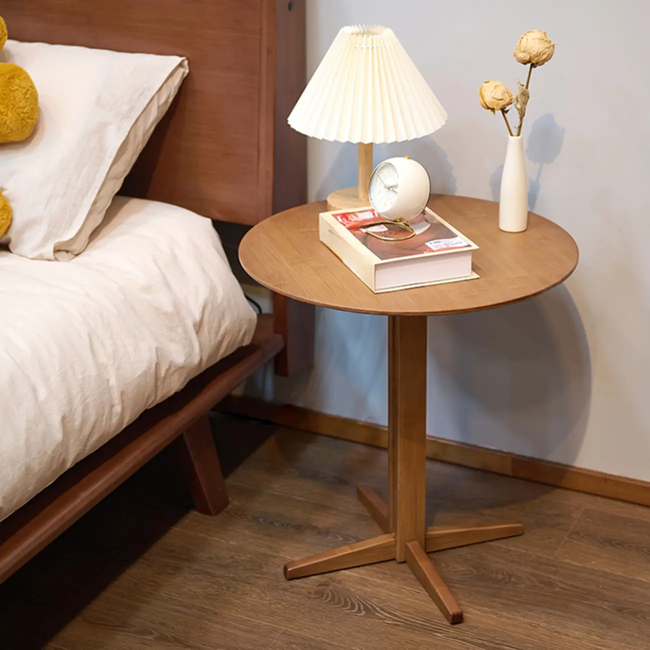 Modern Walnut Round Wooden Triangular Side Table Image - 2 | homeyfad