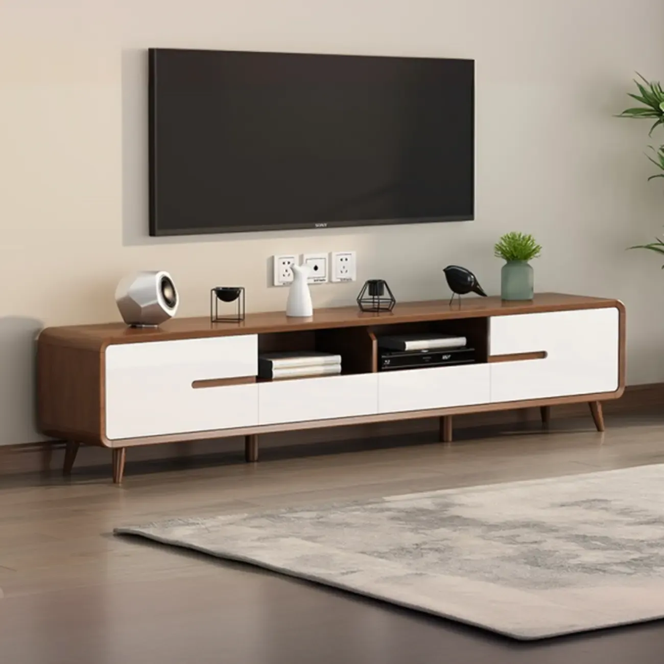 Scandinavian Wood TV Stand with Drawers and Cable Management